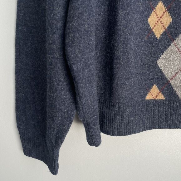 Jos A Bank Lambswool Sweater Men's XL Blue Gray Tan Argyle Crew Neck Preppy - Picture 5 of 10